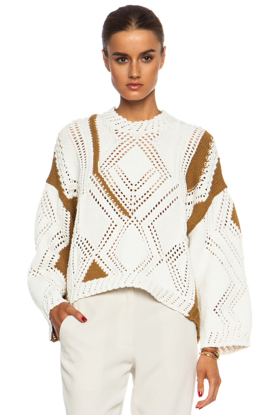 Image 1 of 3.1 phillip lim Pointelle Cable Intarsia Polyamide-Blend Pullover in White & Camel