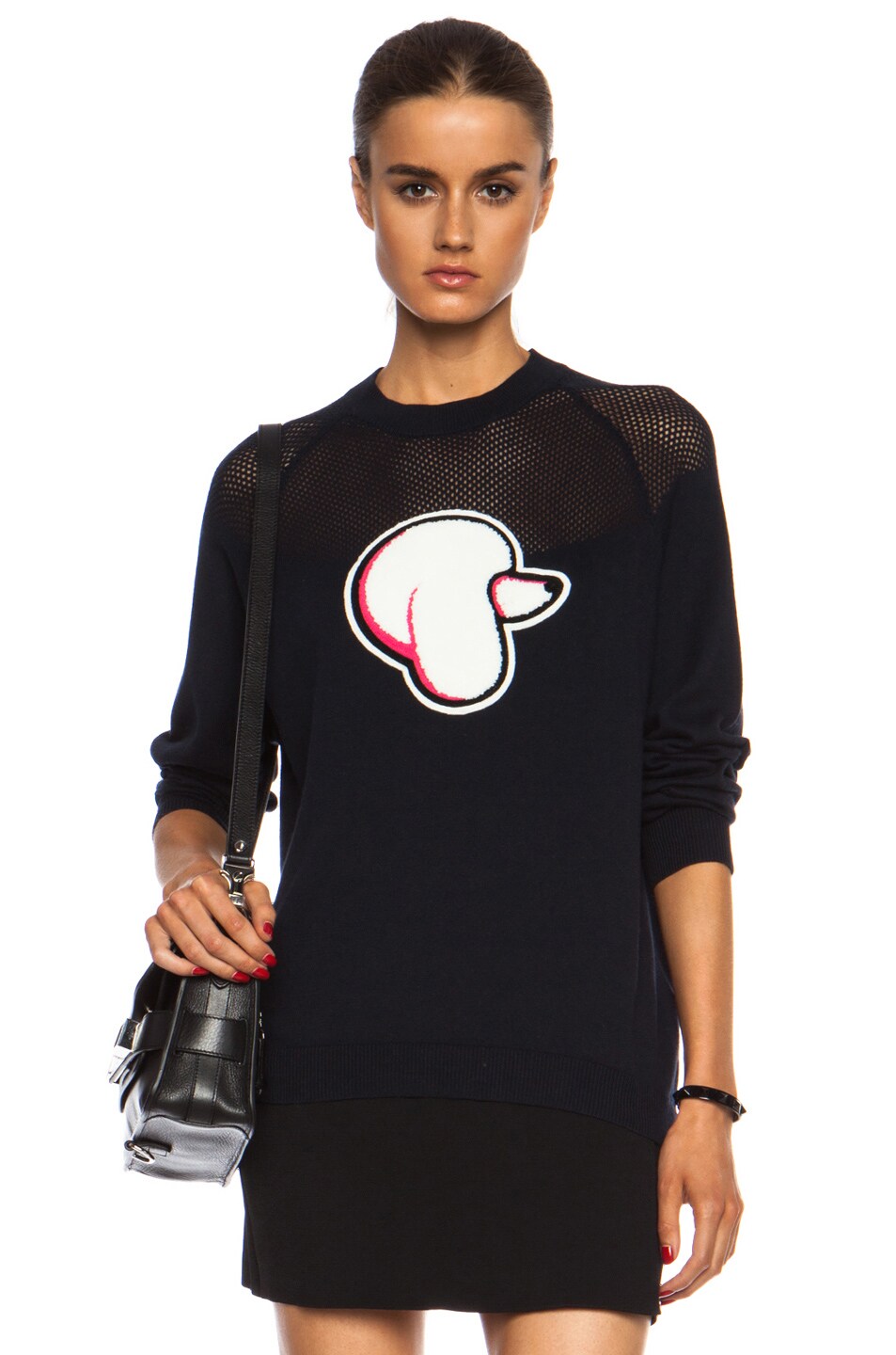 Image 1 of 3.1 phillip lim Poodle Patch Cotton-Blend Pullover with Mesh Yoke in Navy