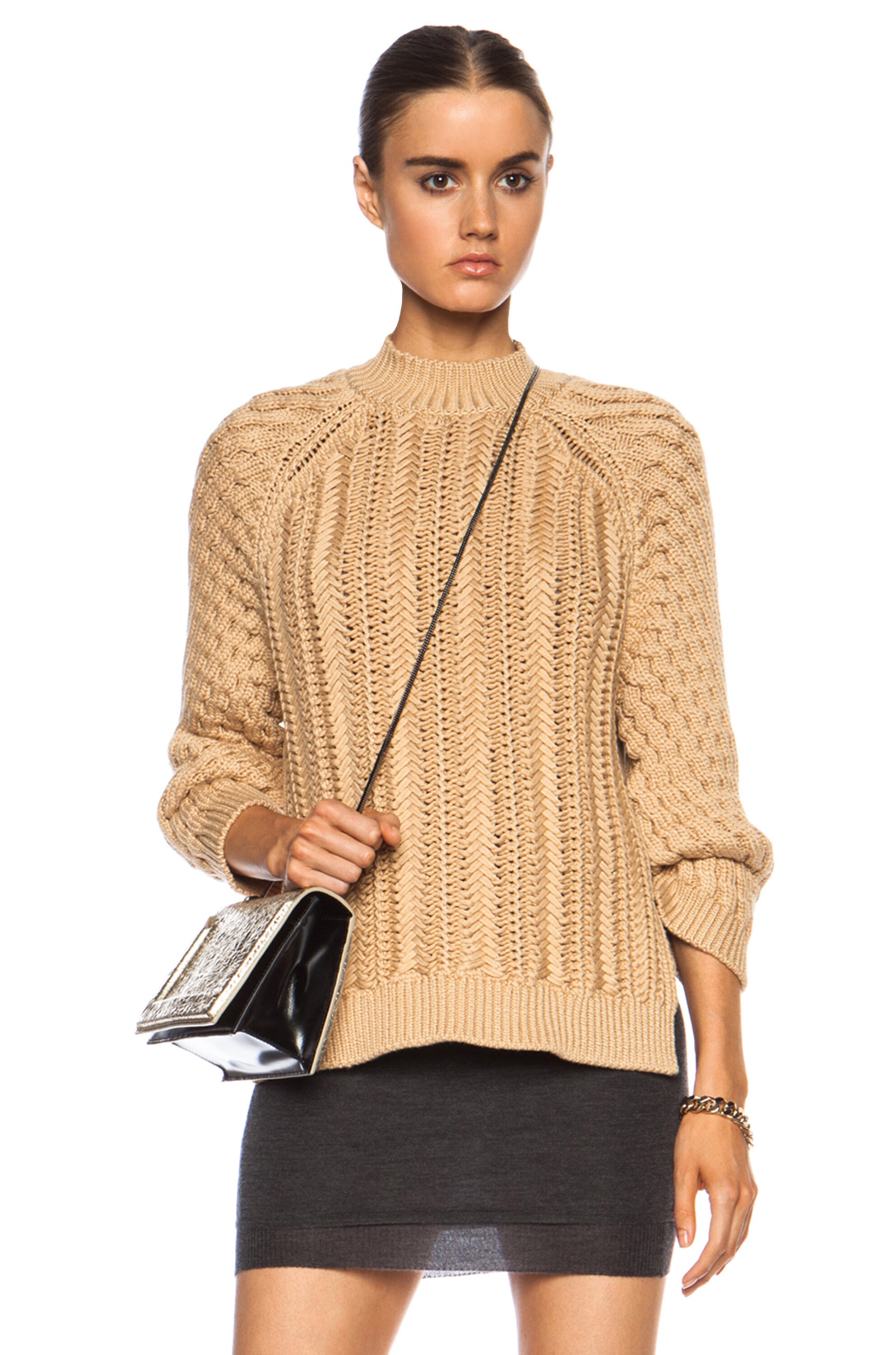 Image 1 of 3.1 phillip lim Textured Cable Stitch Viscose-Blend Sweater in Camel