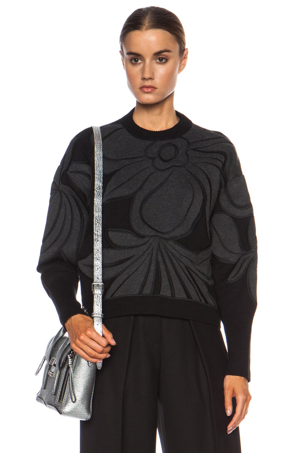 Image 1 of 3.1 phillip lim Floral Embroidery Cotton-Blend Sweater in Black & Charcoal