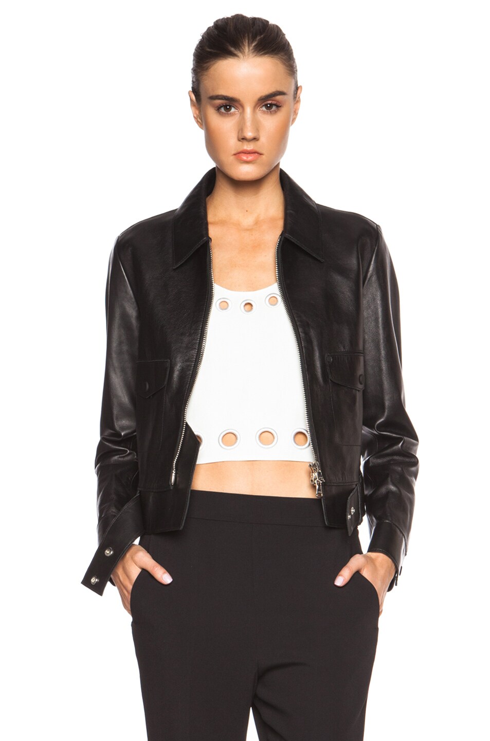 Image 1 of 3.1 phillip lim Boxy Leather Jacket with Topstitched Details and Self Belt in Black