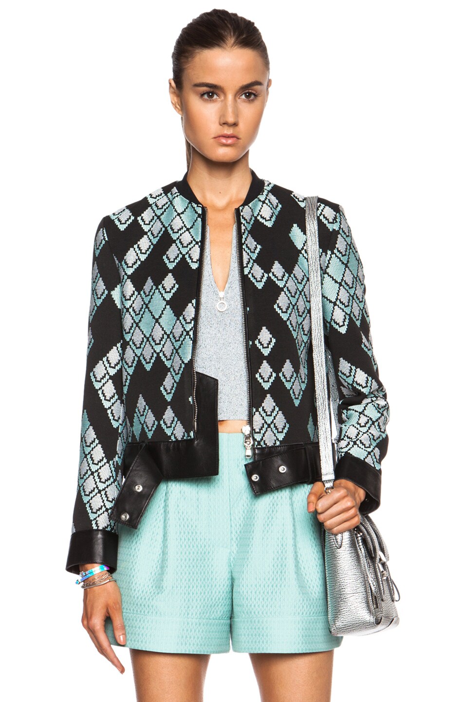Image 1 of 3.1 phillip lim Poly-Blend Jacket with Leather Belt and Piping in Black & Celadon