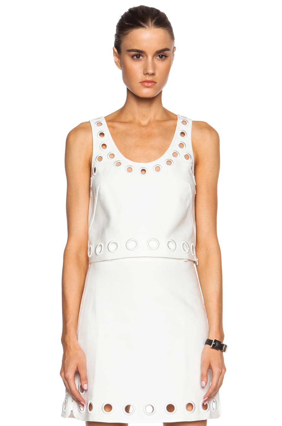 Image 1 of 3.1 phillip lim Cotton-Blend Cropped Tank with Embroidered Eyelet Details in White