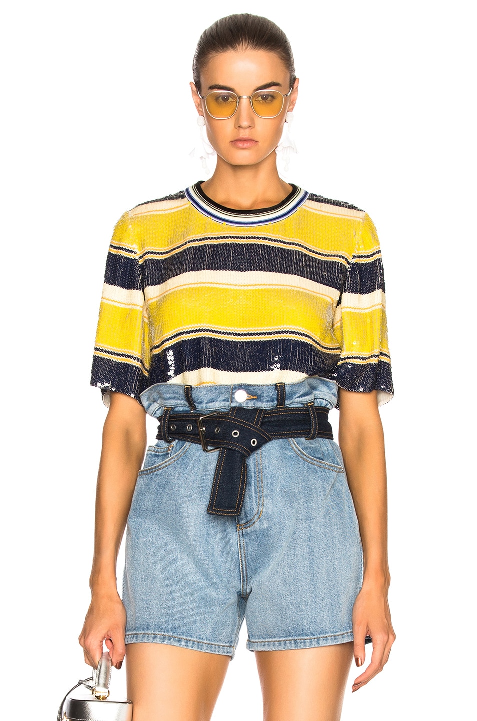 Image 1 of 3.1 phillip lim Striped Sequin Top in Chartreuse & Navy