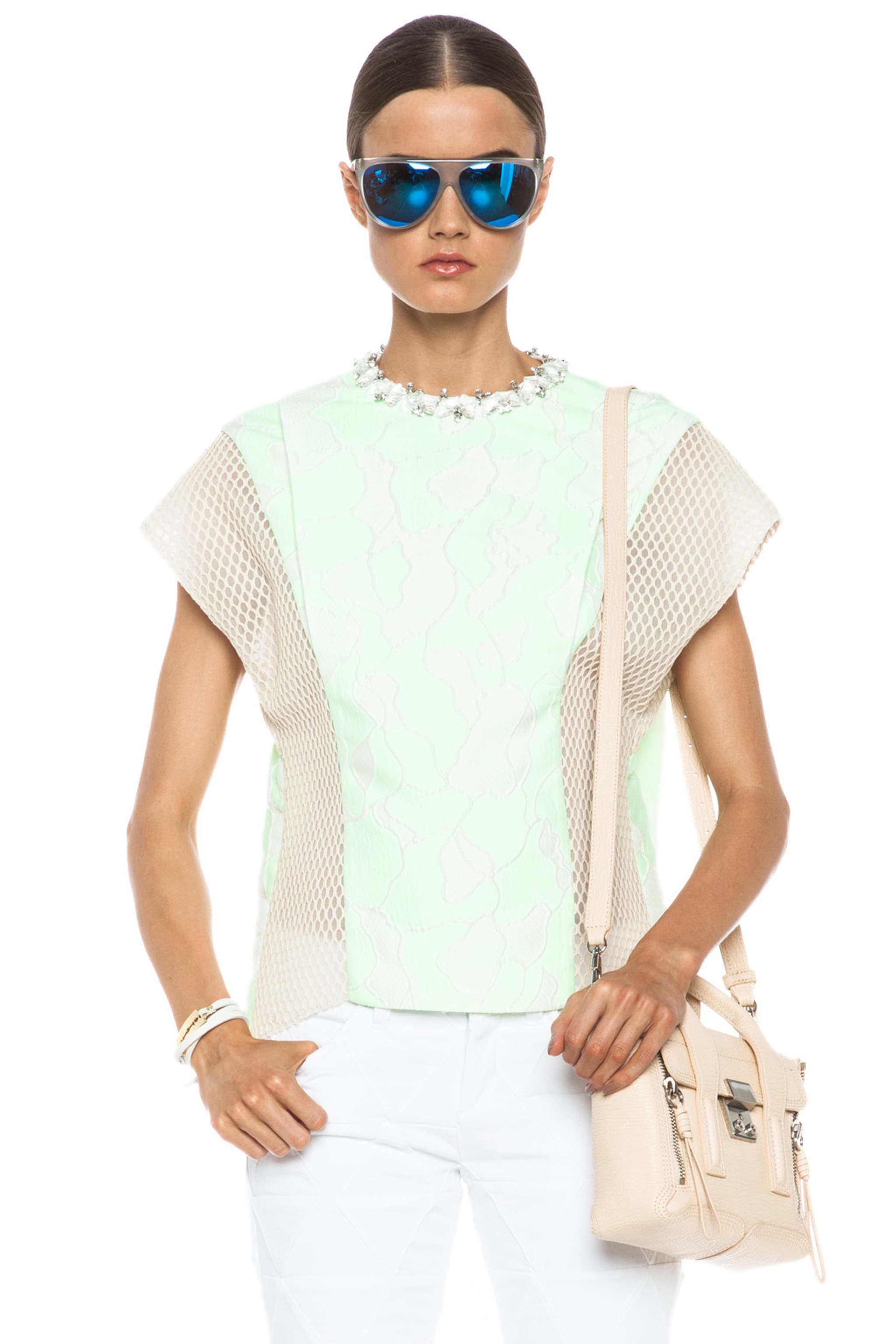 Image 1 of 3.1 phillip lim Insert Poly-Blend Top with Embellished Neckline in Neon Mint