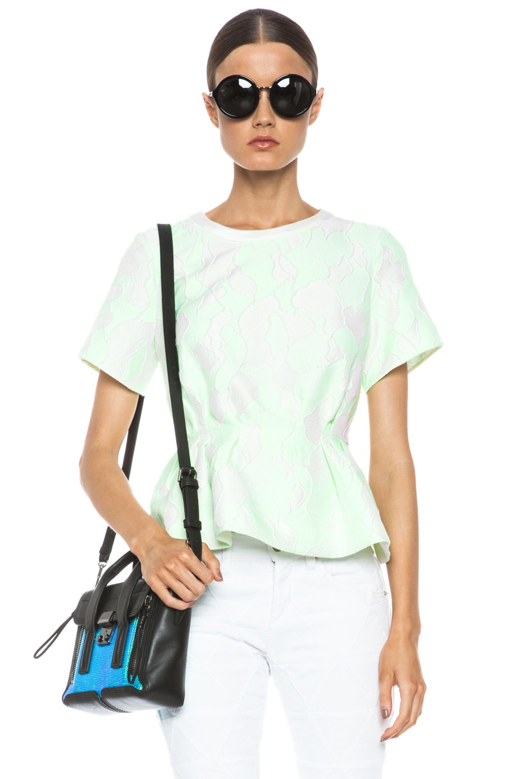 Image 1 of 3.1 phillip lim Floating Poly-Blend Peplum Top in Neon Mint