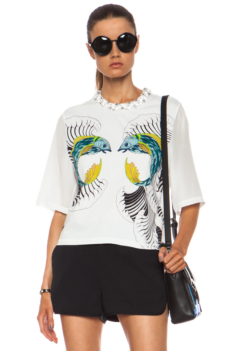 Image 1 of 3.1 phillip lim Animal Kingdom Cotton Tee with Embellished Neckline in Antique White