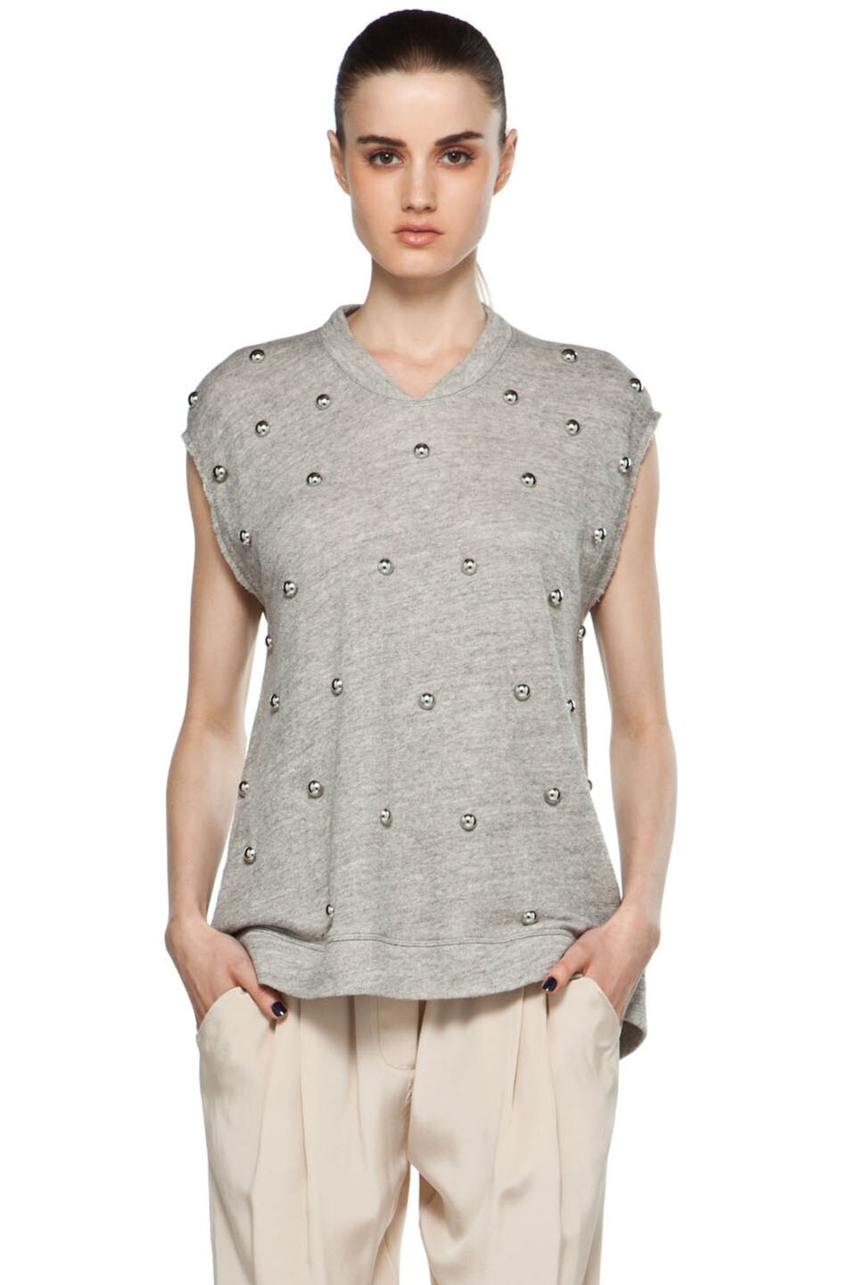 Image 1 of 3.1 phillip lim Sleeveless Oversized Peplum T Shirt w/ Dome Embellishment in Soft Grey