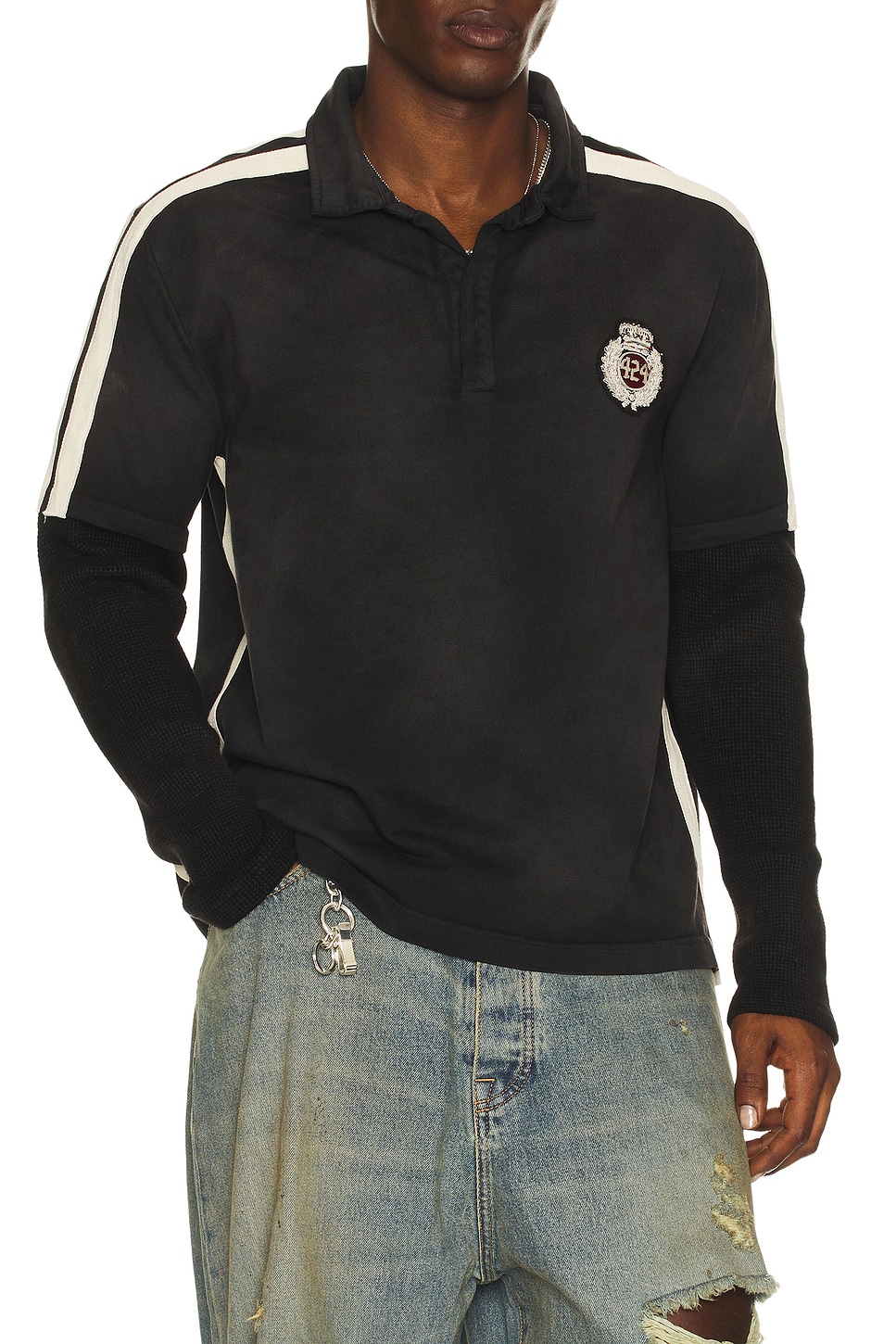 Image 1 of 424 Academy Polo Double Sleeve Thermal in Vintage Black