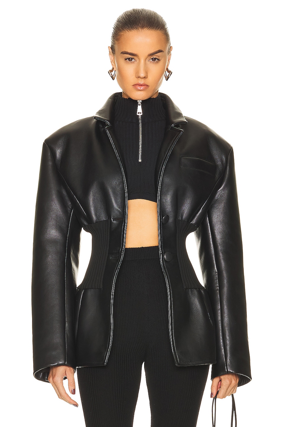 Andreadamo Oversize Leather Jacket With Ribbed Knit in Black | FWRD