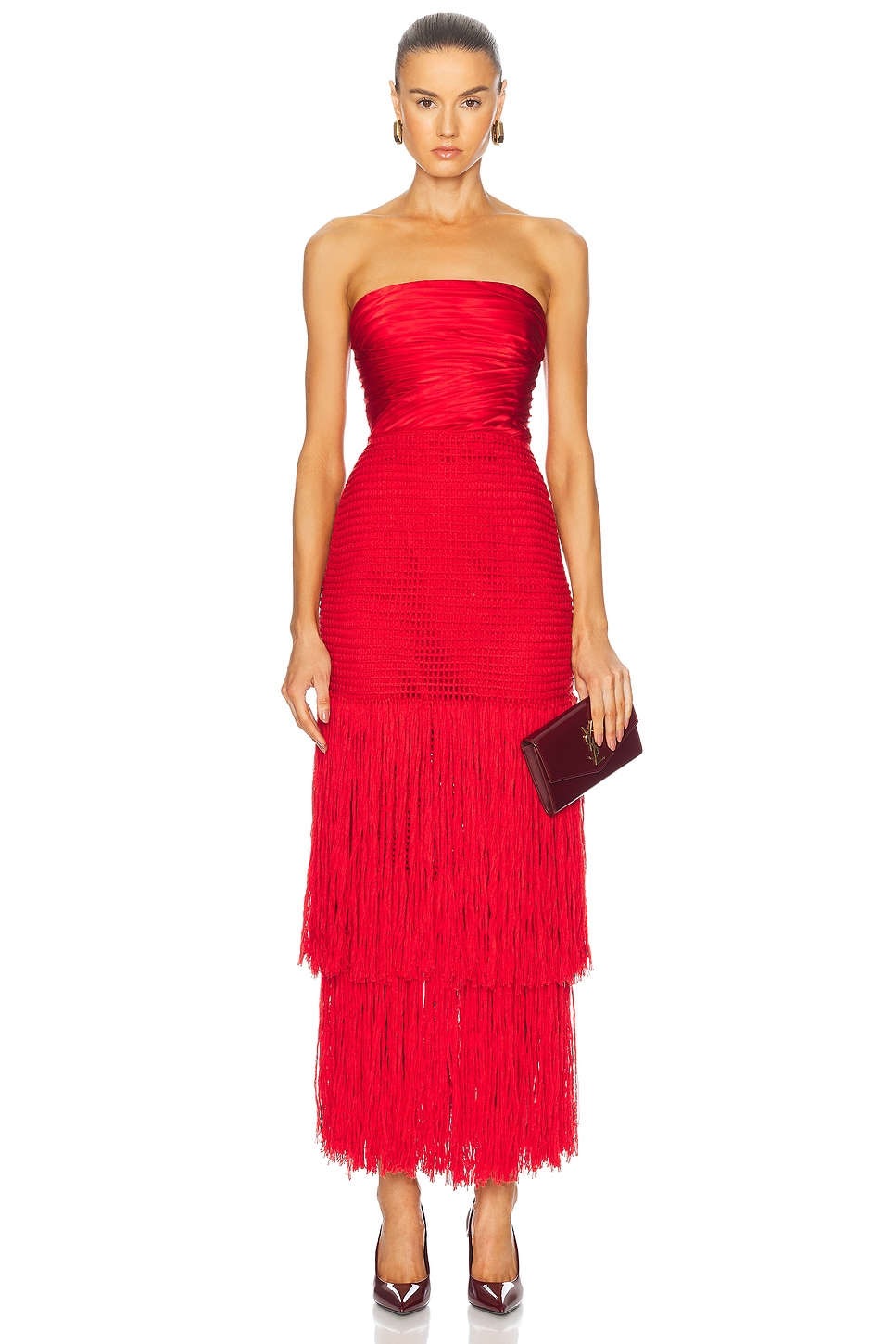 Draped Bustier Dress With Crochet in Red