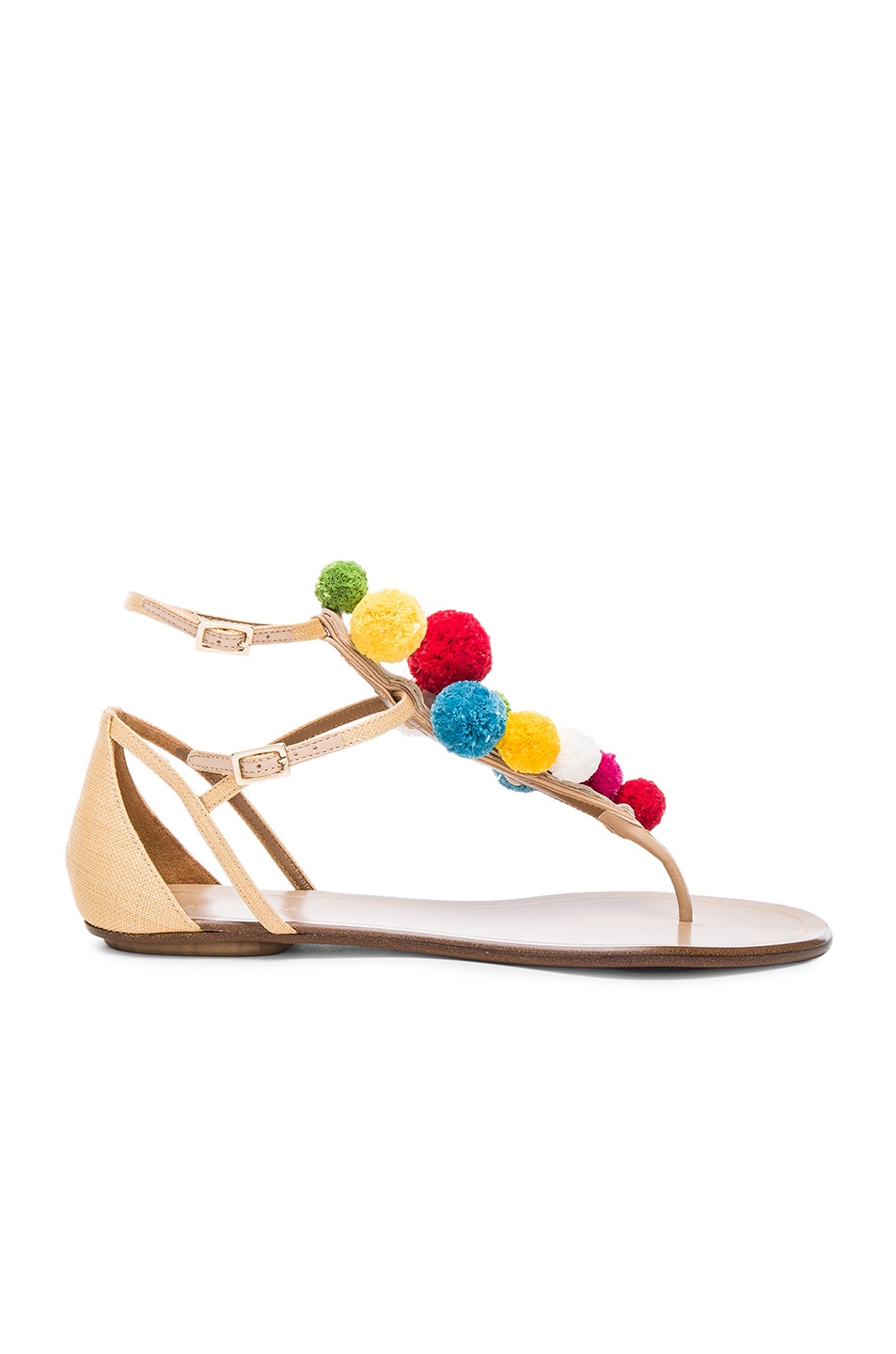 Image 1 of Aquazzura Pom Pom Leather Infra Sandals in Beige & Multi