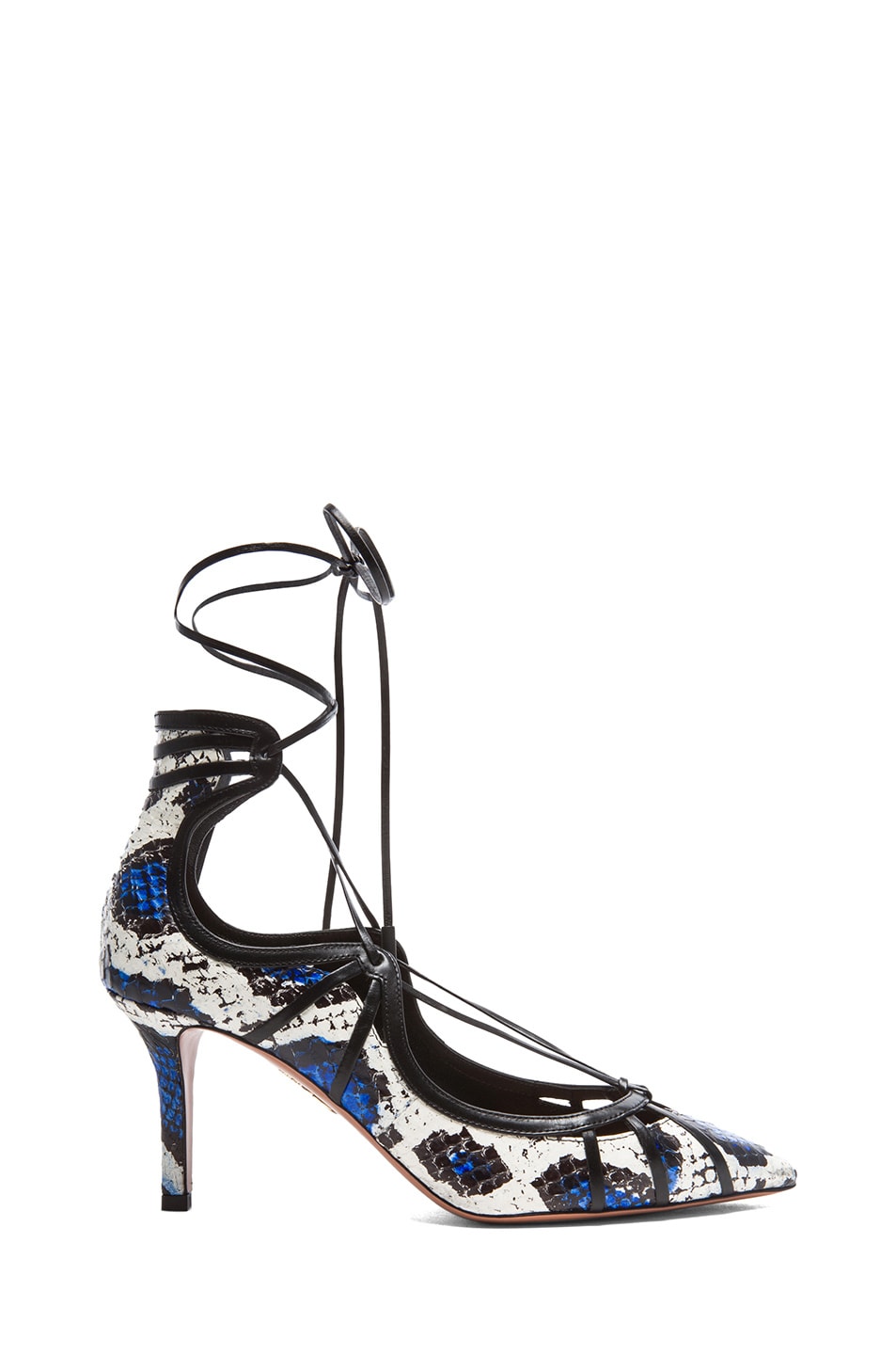Image 1 of Aquazzura Seduce Me Elaphe Snakeskin Heels in White & Blue