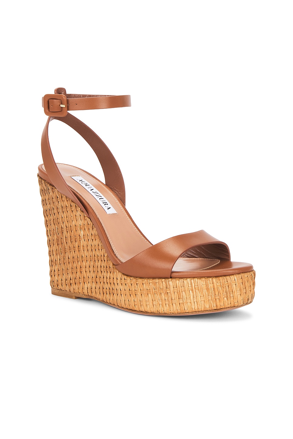Aquazzura Sunseeker 110 Leather Wedge Sandals In Tobacco