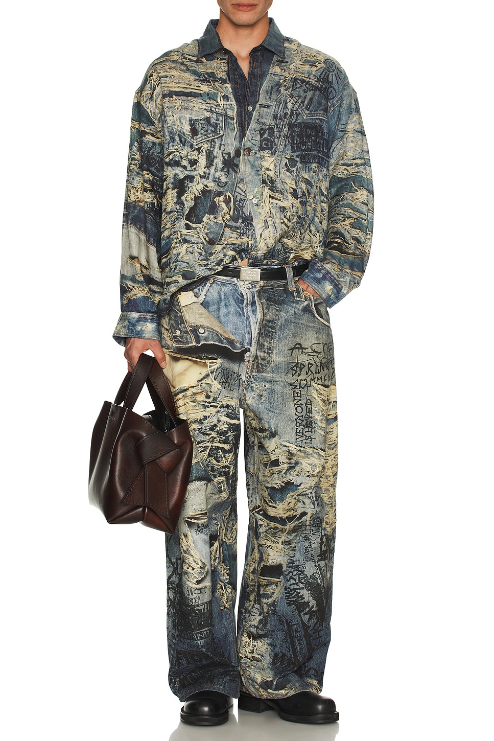 Image 1 of Acne Studios Torn Scribble Trompe L'oeil Long Sleeve Shirt in Denim Blue