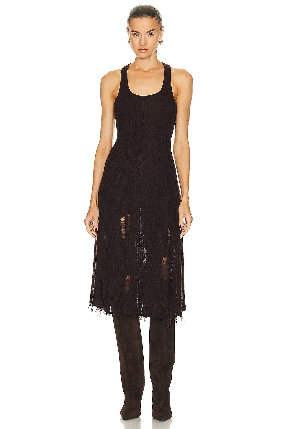 Image 1 of Acne Studios Sleeveless Distressed Knit Dress in Dark Brown