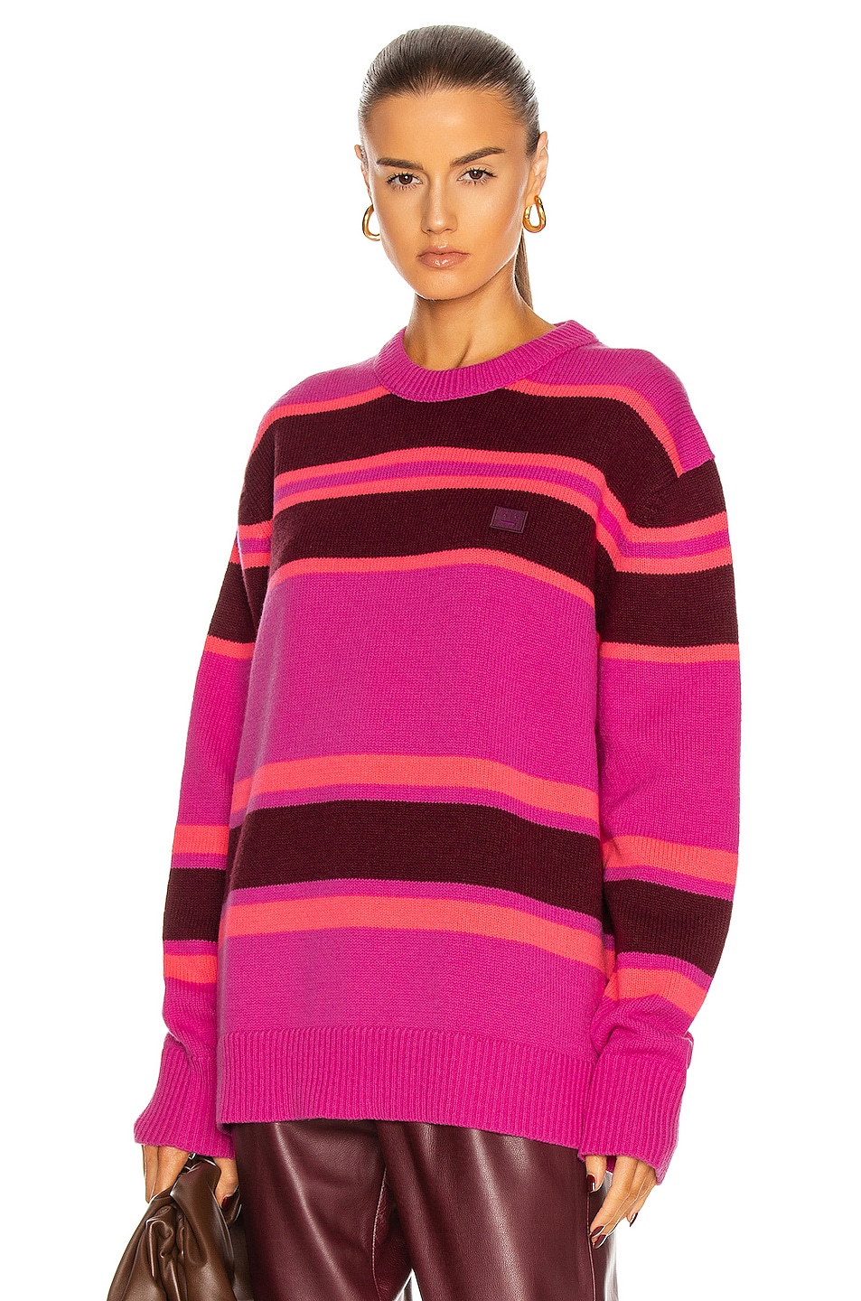 Image 1 of Acne Studios Nimah Face Striped Sweater in Pink & Burgundy
