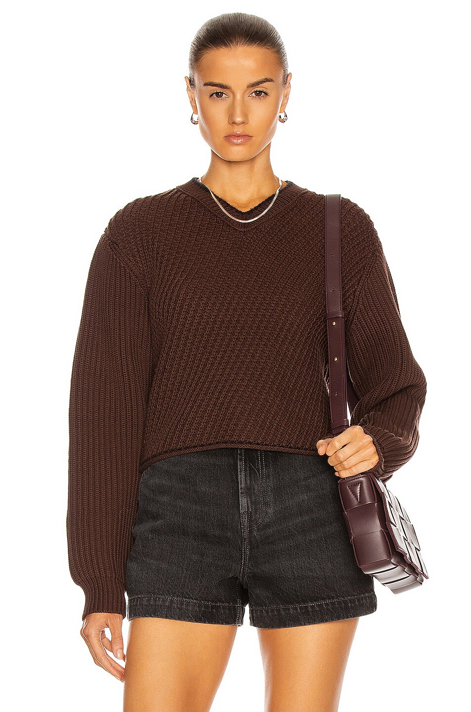 Image 1 of Acne Studios Cropped V-Neck Sweater in Dark Brown