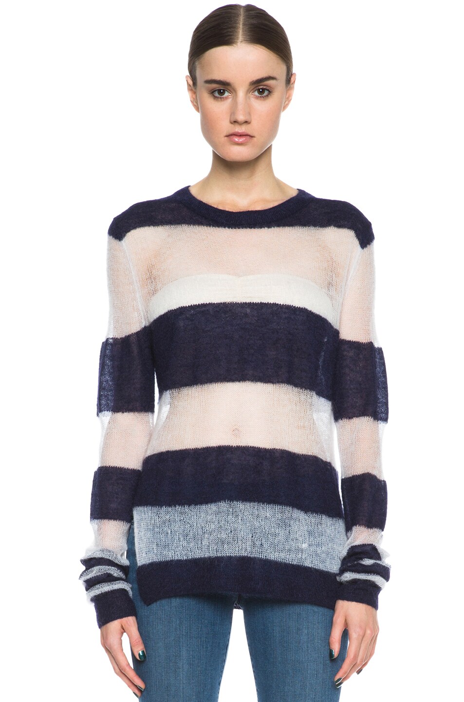 Image 1 of Acne Studios Octave Kid Mohair-Blend Sweater in Ink Blue & Antique Ivory