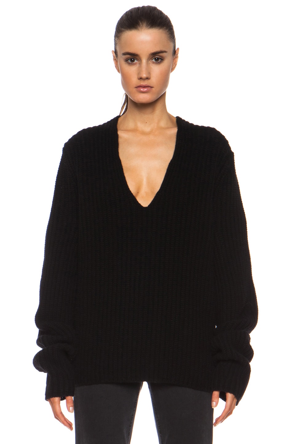 Image 1 of Acne Studios Deborah L Wood V Neck Wool Sweater in Black