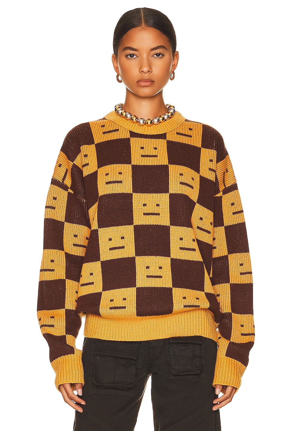 Acne Studios Checkerboard Sweater in Ochre Orange & Coffee Brown | FWRD