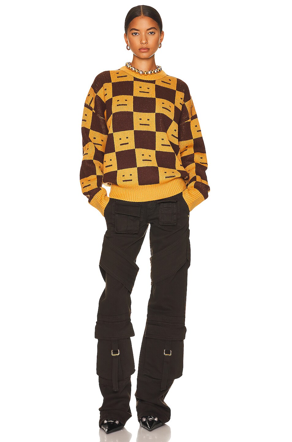 Acne Studios Checkerboard Sweater in Ochre Orange & Coffee Brown | FWRD