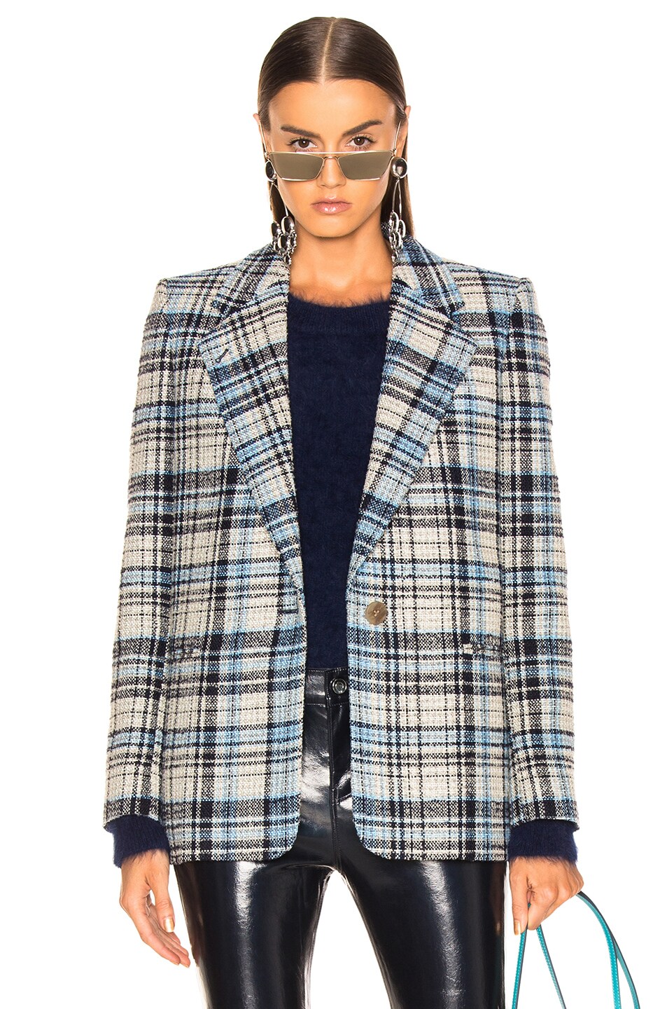 Image 1 of Acne Studios Plaid Suit Jacket in Navy & Blue