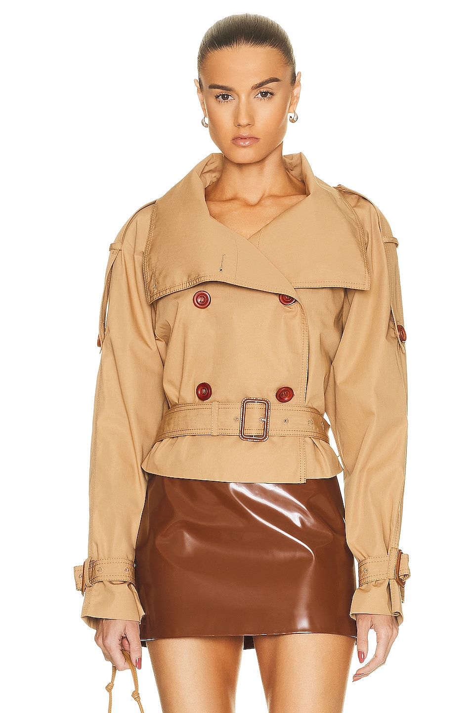 Image 1 of Acne Studios Belted Crop Trench Jacket in Khaki Beige