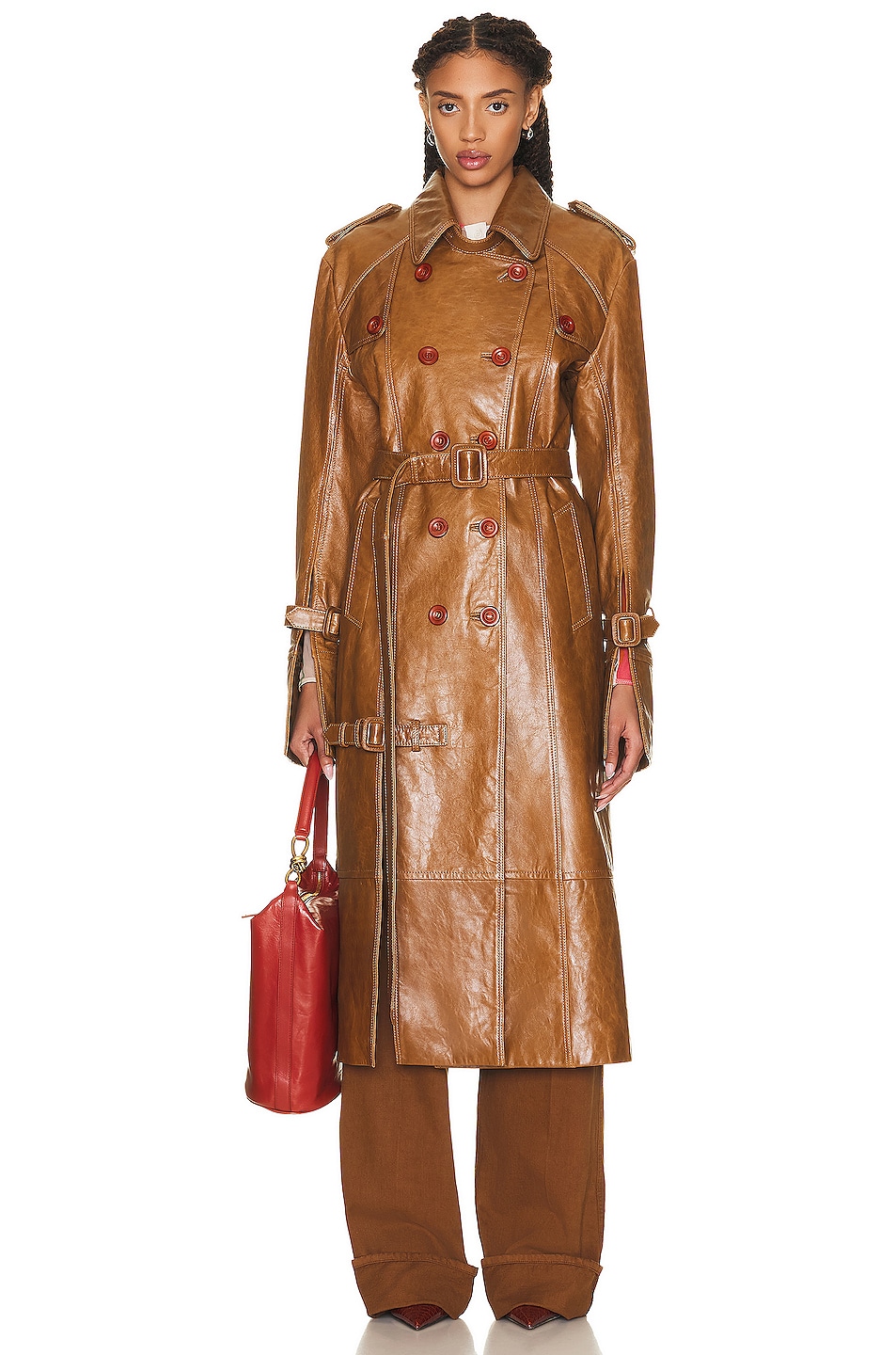 Image 1 of Acne Studios Leather Trench Coat in Cognac Brown