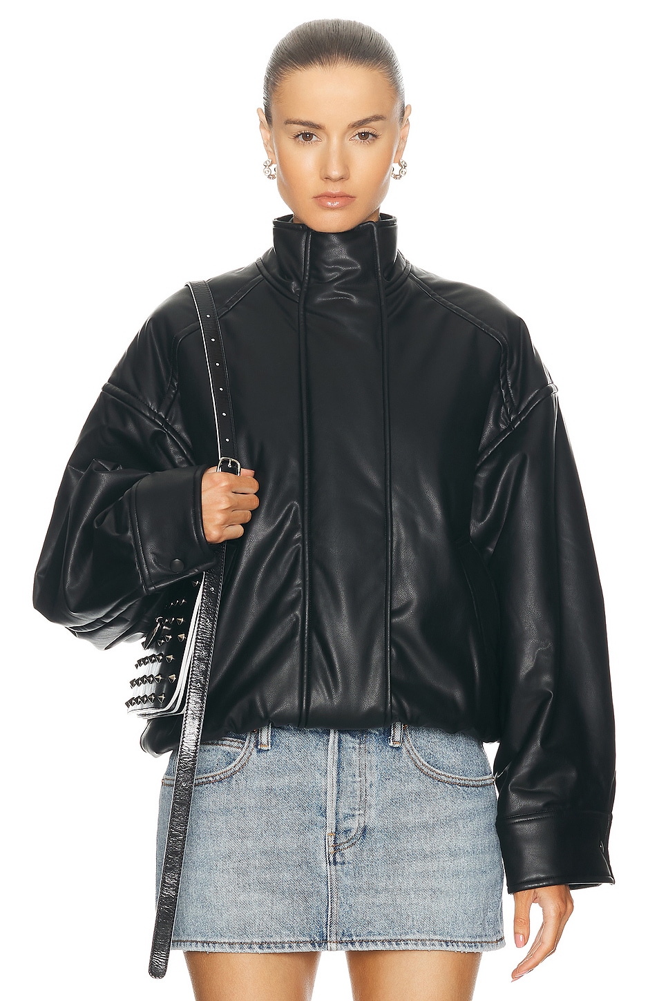 Faux Leather Bomber Jacket in Black