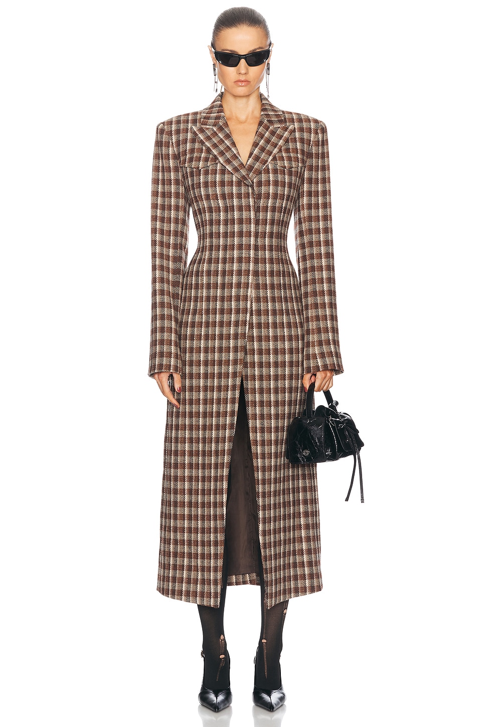 Image 1 of Acne Studios Omama Check Bouclé Dress Coat in Beige & Brown