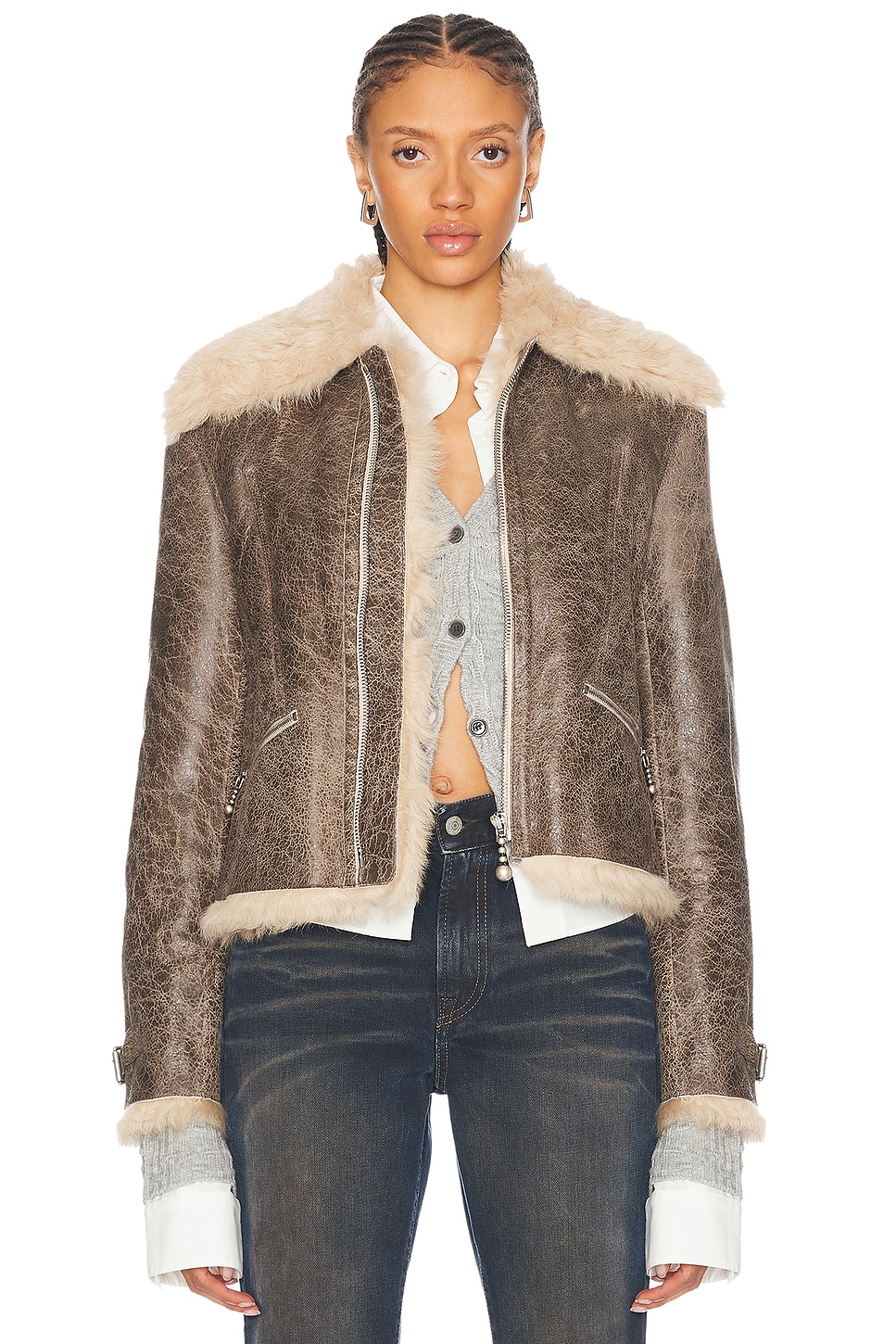 Image 1 of Acne Studios Lella Leather Jacket in Grey & Beige