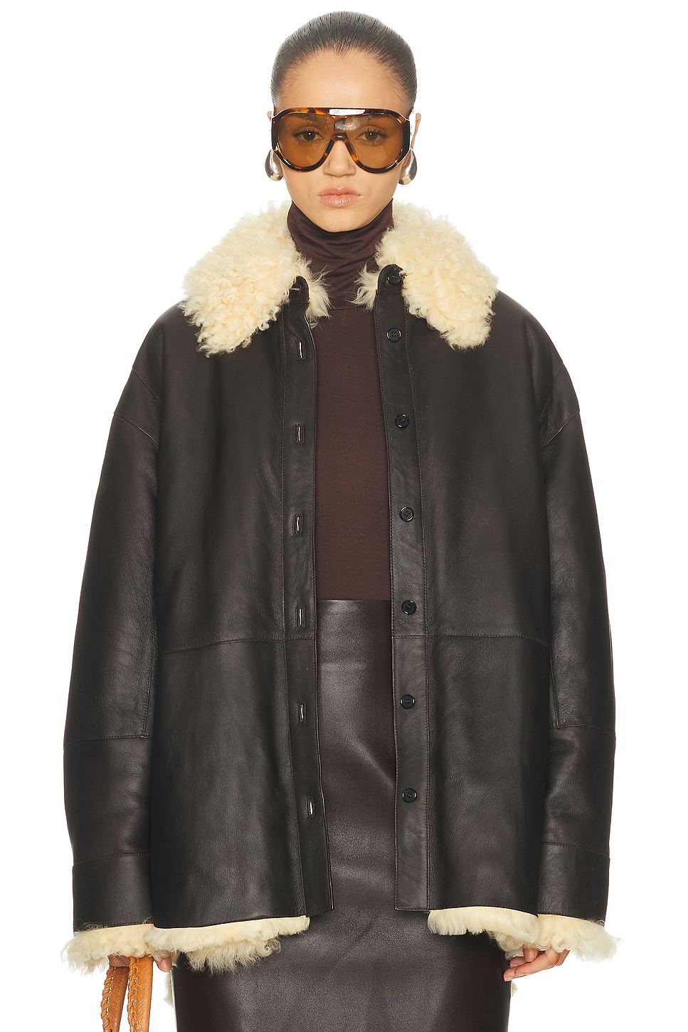 Image 1 of Acne Studios Lessora Leather Jacket in Coffee Brown & Pale Yellow