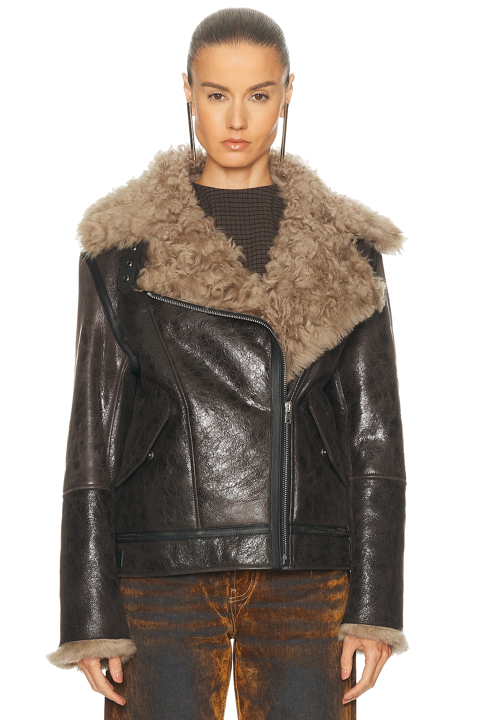 Acne Studios Luxy Genuine Shearling Lined Leather Aviator Jacket In Black