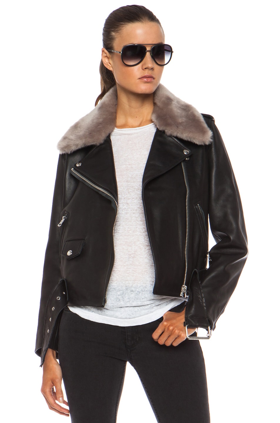 Image 1 of Acne Studios Mape Shearling Leather Jacket in Black & Stone