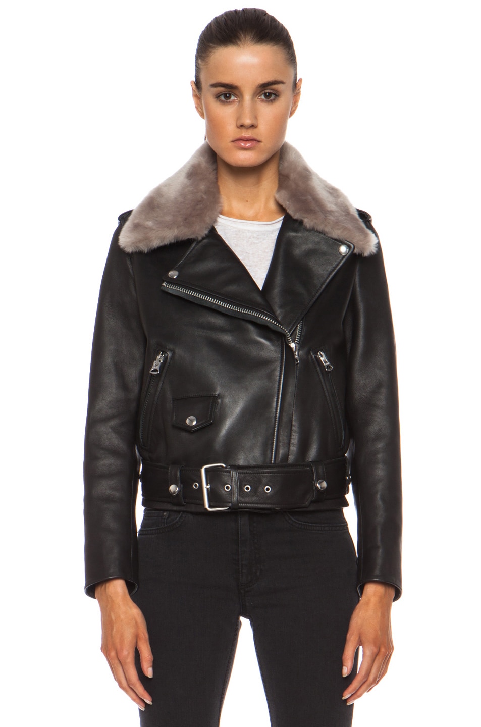 Acne Studios Mape Shearling Leather Jacket in Black & Stone | FWRD