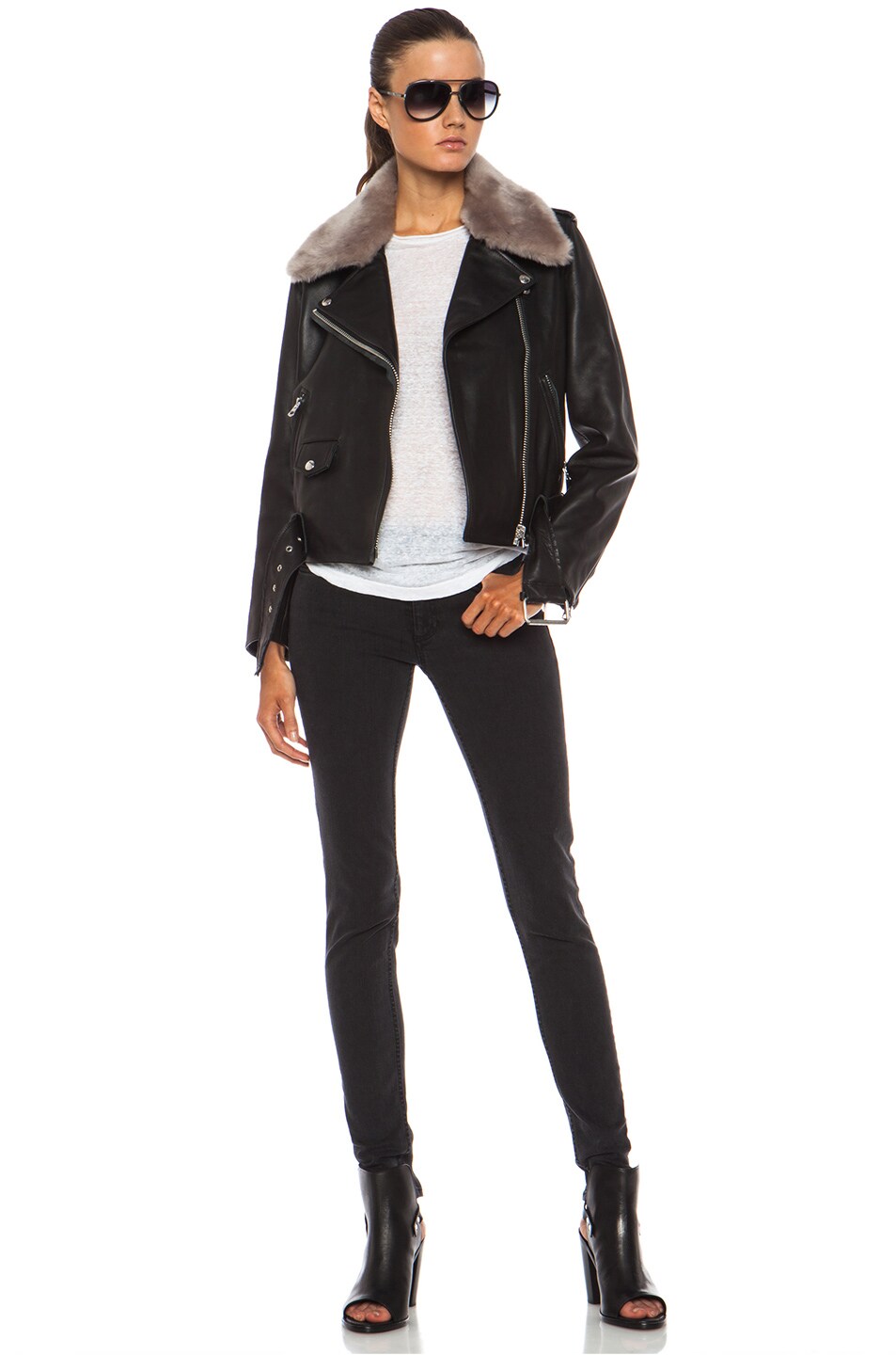 Acne Studios Mape Shearling Leather Jacket in Black & Stone | FWRD