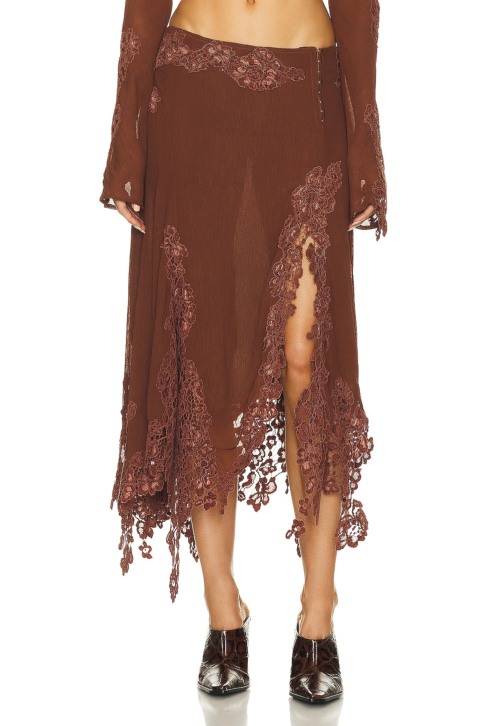 Image 1 of Acne Studios Lace Trim Midi Skirt in Rust Brown