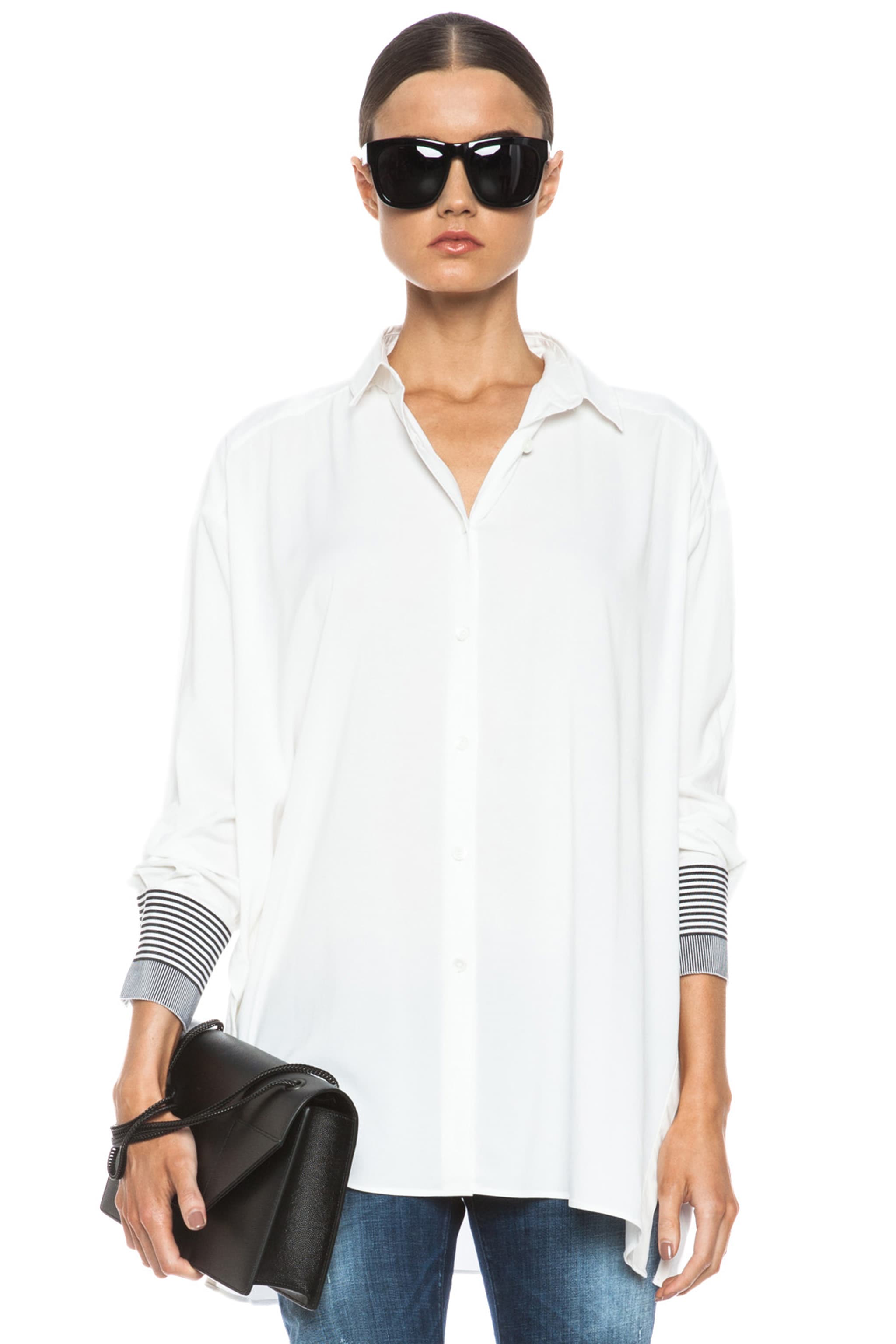 Image 1 of Acne Studios Linger Ribbon Oversized Viscose-Blend Button Down Top in White
