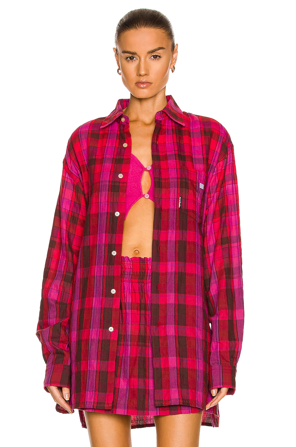 Image 1 of Acne Studios Face Flannel Shirt in Fuchsia Pink & Wine Red