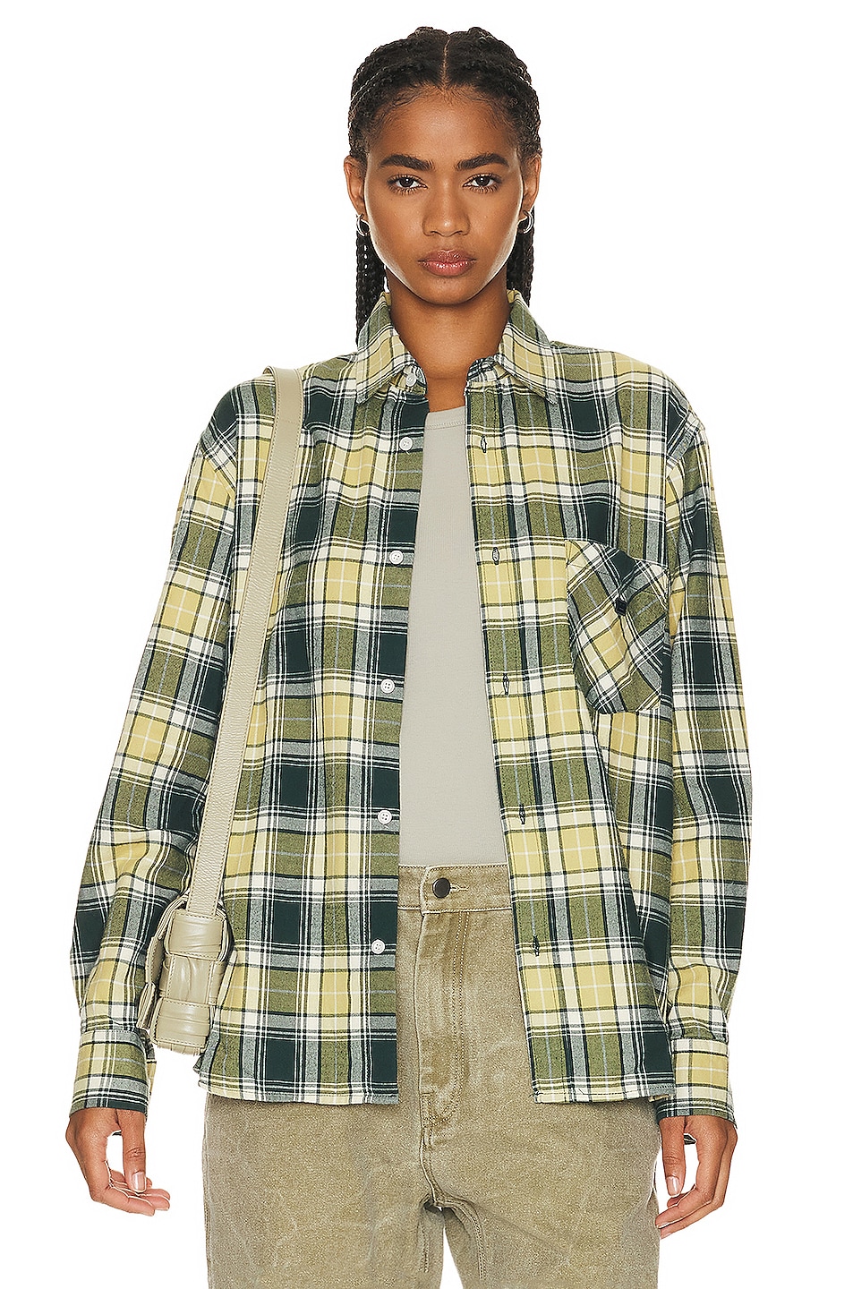 Acne Studios Long Sleeve Flannel Top in Forest Green & Light Green | FWRD