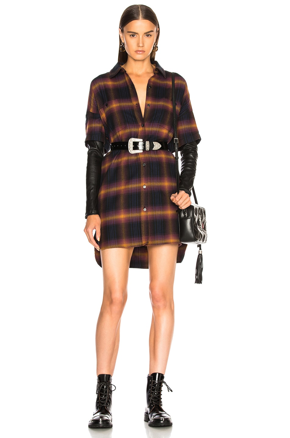 Image 1 of Adaptation Double Sleeve Shirt Dress in Black & Berry Plaid