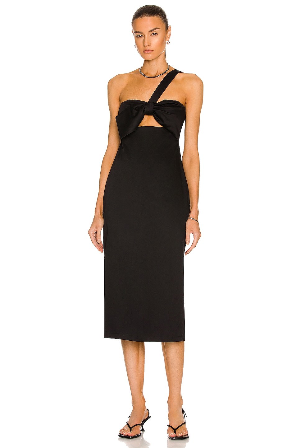 Image 1 of ADRIANA DEGREAS Solid One Shoulder Midi Dress in Black