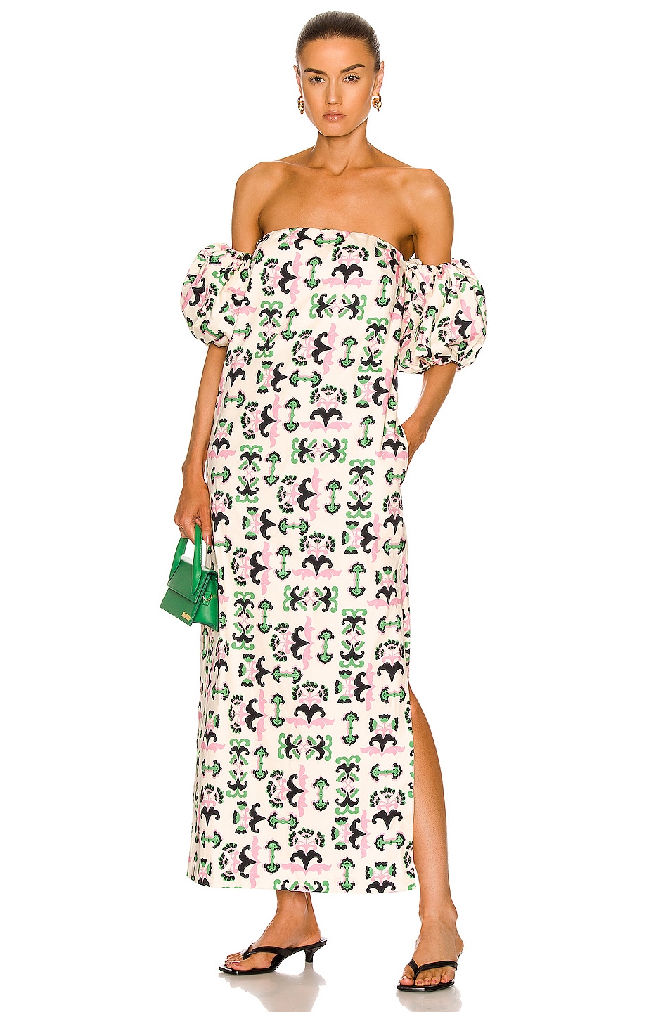 Image 1 of ADRIANA DEGREAS Twisted Flower Off The Shoulder Long Dress in Off White