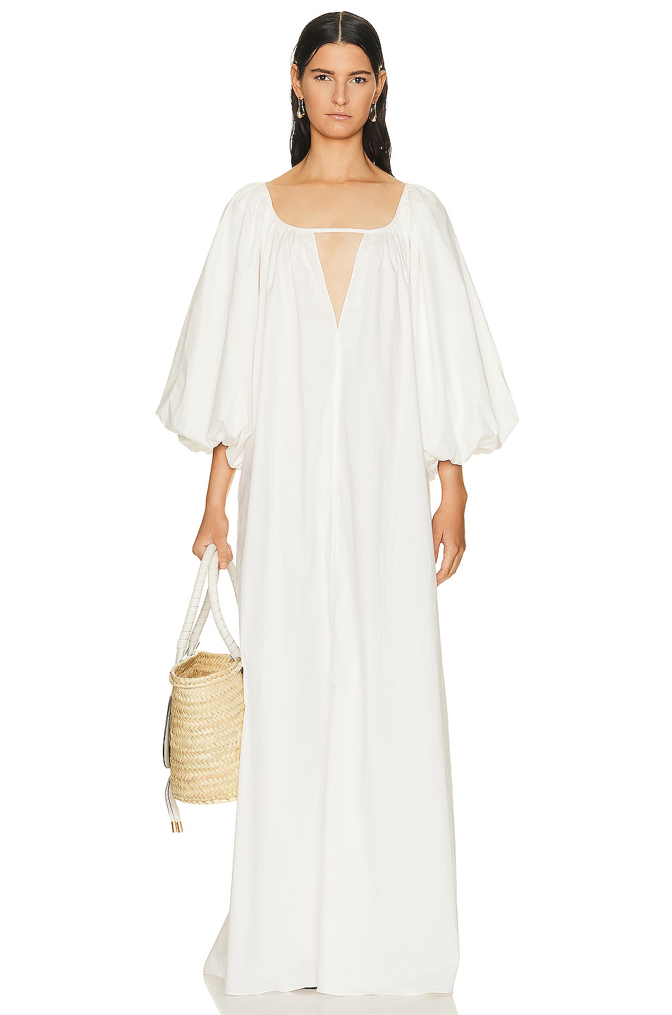 Image 1 of ADRIANA DEGREAS Puff Sleeve Maxi Dress in Off White