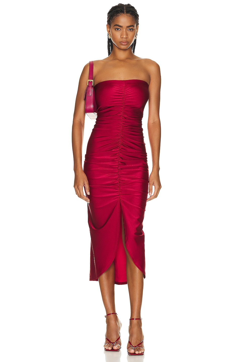 Image 1 of ADRIANA DEGREAS Solid Heart Frilled Long Dress in Red