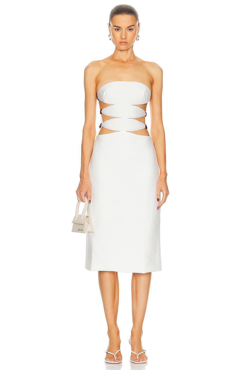 Image 1 of ADRIANA DEGREAS Vintage Orchid Solid Strapless Cutout Midi Dress in Off White