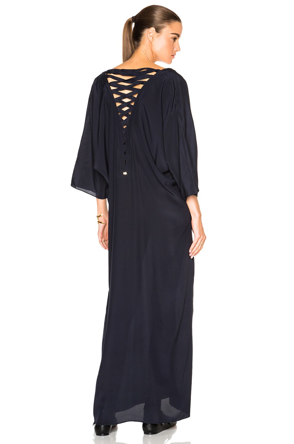 Image 1 of ADRIANA DEGREAS Lace Back Caftan in Blue Navy