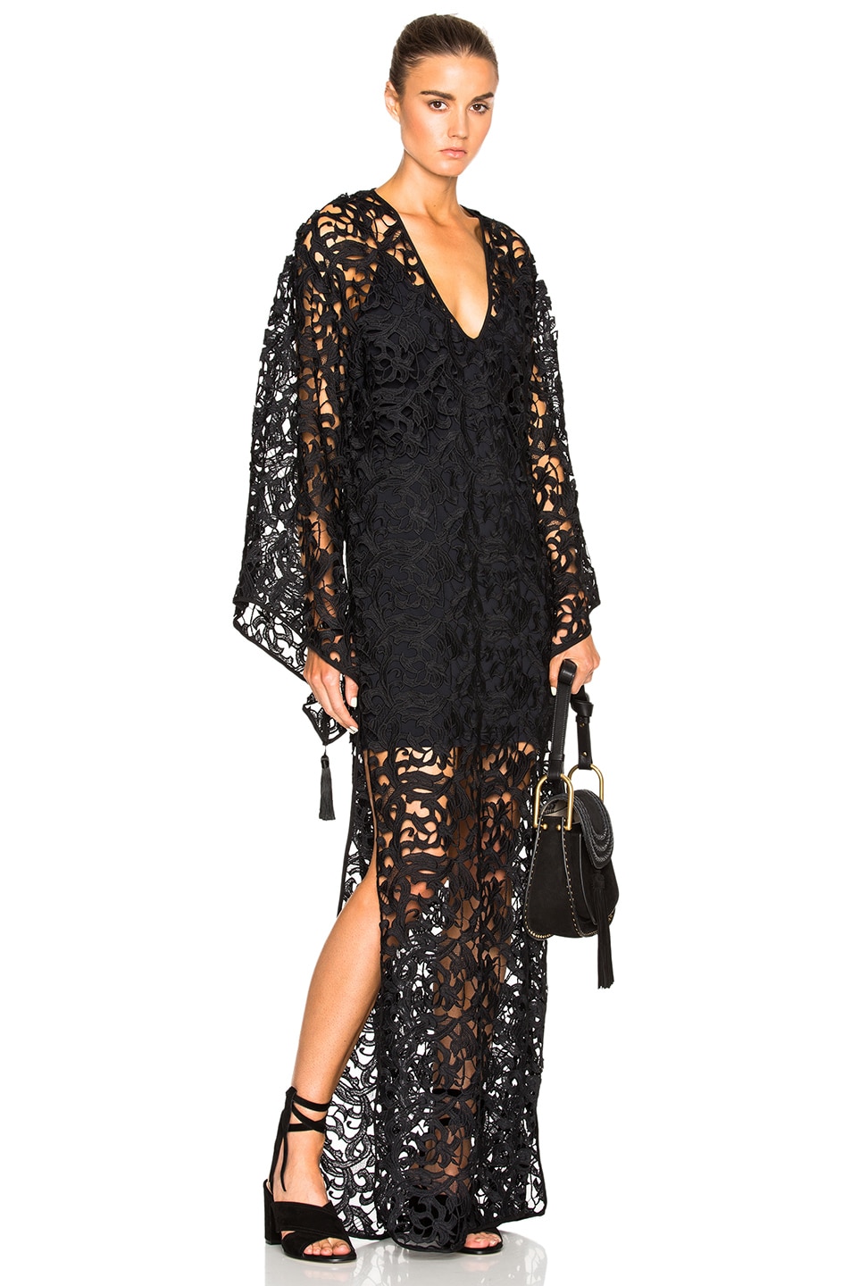 Image 1 of ADRIANA DEGREAS Guipure Lace Lined Caftan in Black