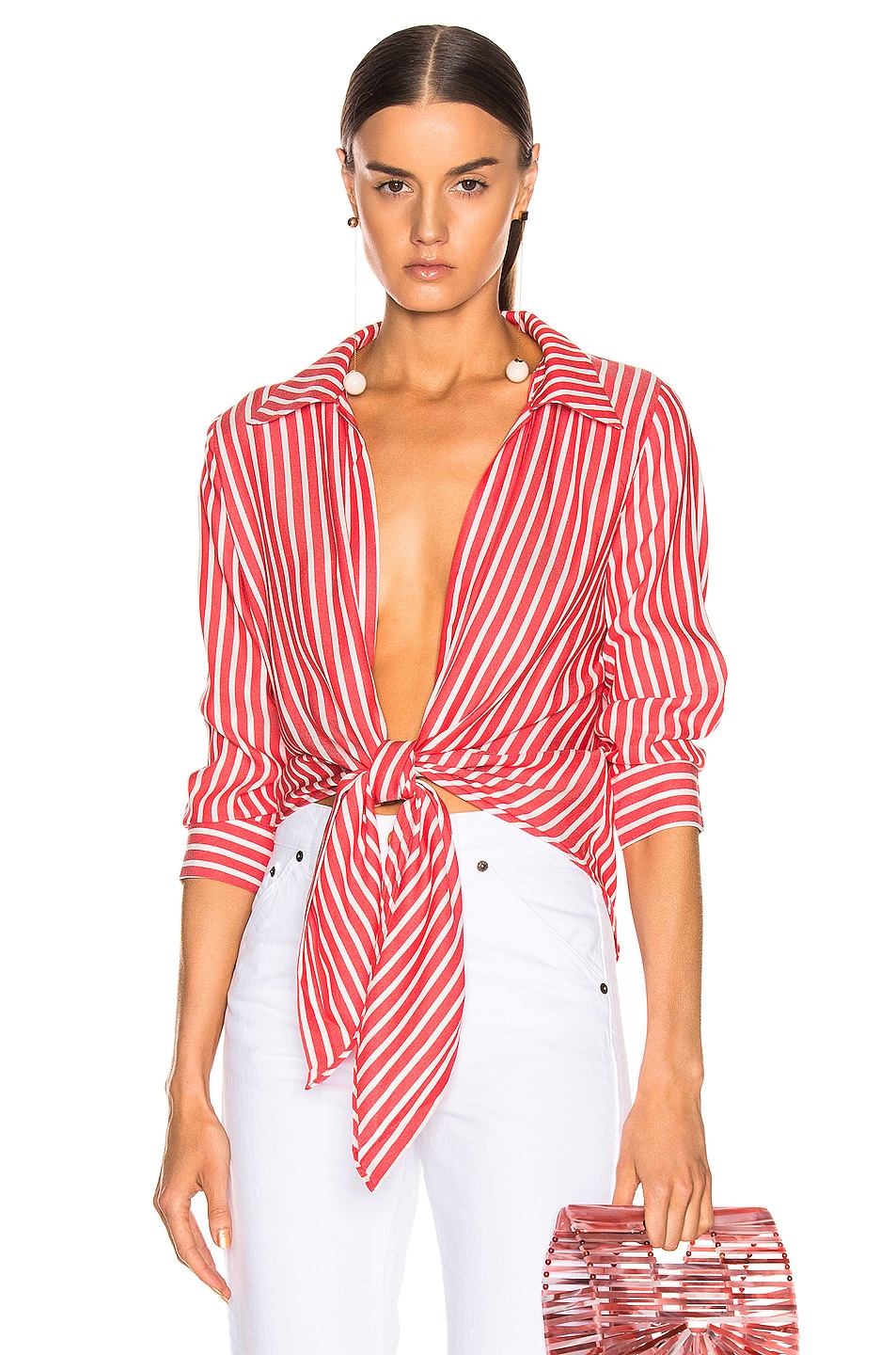 Image 1 of ADRIANA DEGREAS Front Knot Shirt in Red & White